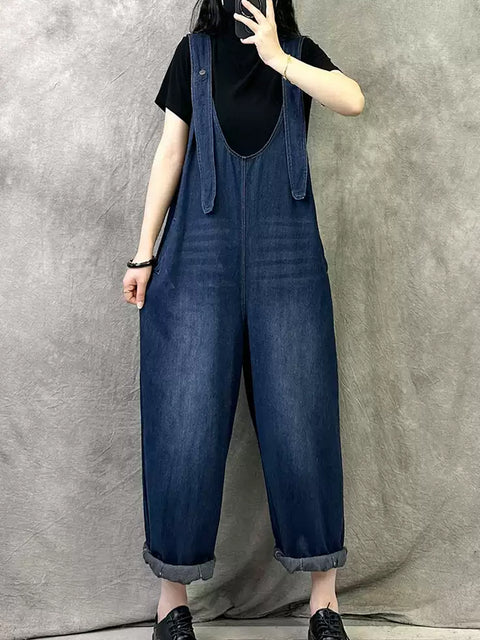 Damen Sommer Vintage Reine Farbe Denim Overalls