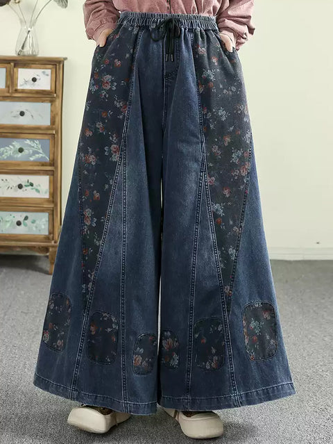 Damen Frühling Retro Blumen Spliced Denim Weite Beinhose