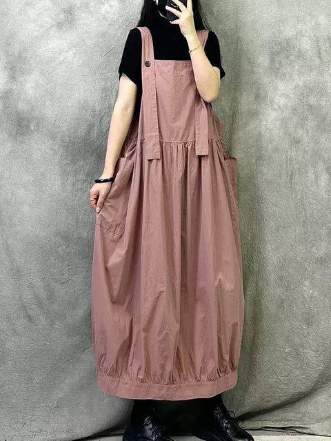 Damen Frühling Retro Reine Farbe Baumwolle Hosenträger Kleid