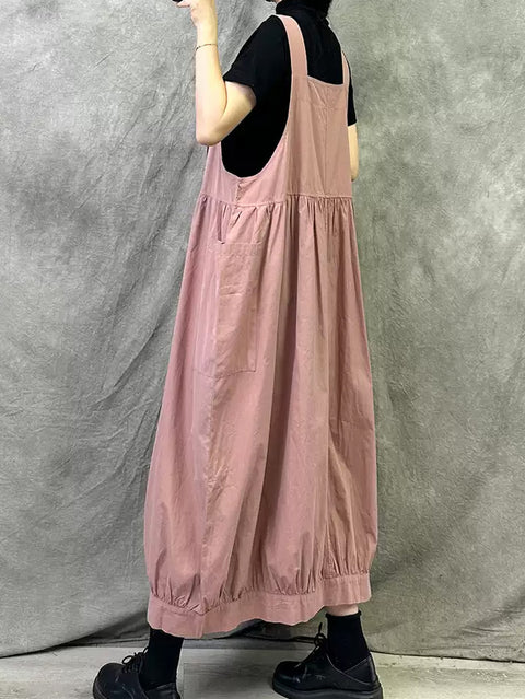 Damen Frühling Retro Reine Farbe Baumwolle Hosenträger Kleid