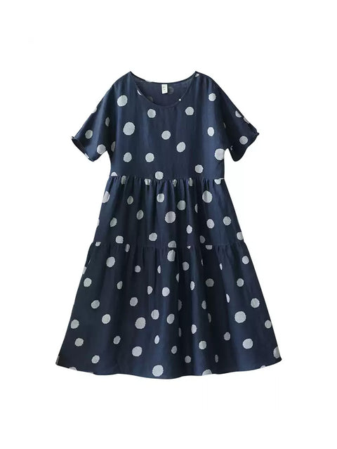 Damen Sommer Artsy Dot O-Ausschnitt 100% Leinen Kleid