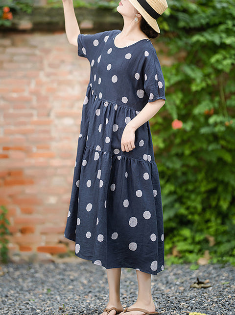 Damen Sommer Artsy Dot O-Ausschnitt 100% Leinen Kleid