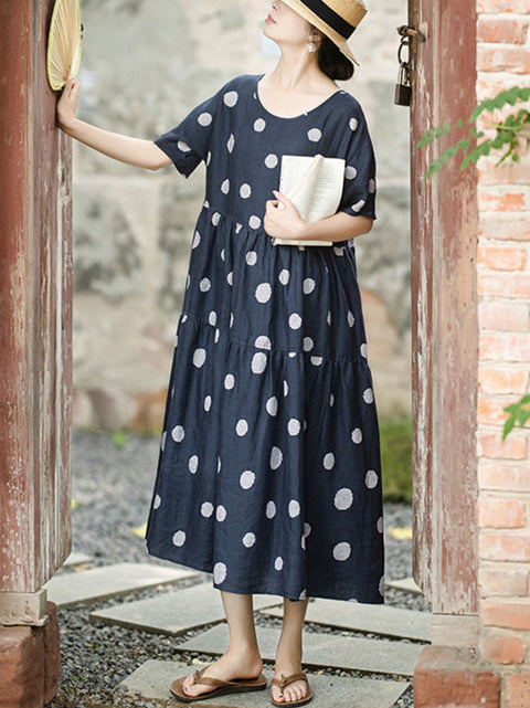 Damen Sommer Artsy Dot O-Ausschnitt 100% Leinen Kleid