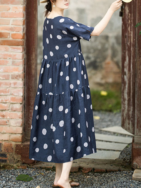 Damen Sommer Artsy Dot O-Ausschnitt 100% Leinen Kleid