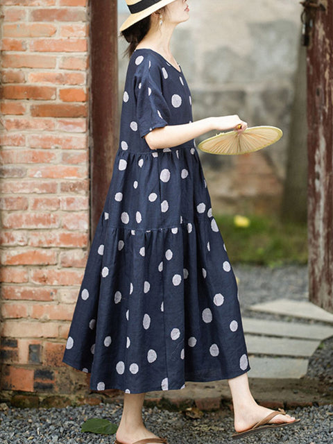 Damen Sommer Artsy Dot O-Ausschnitt 100% Leinen Kleid