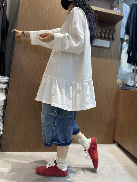 Women Spring Pure Color Ruffles Hem Cotton Shirt