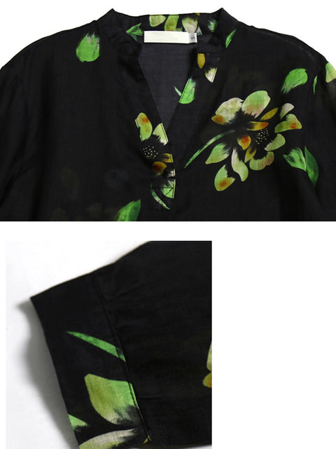 Damen Frühling Artsy Flower V-Ausschnitt 100% Ramie Shirt