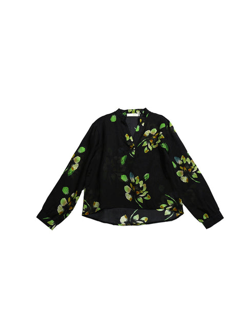 Damen Frühling Artsy Flower V-Ausschnitt 100% Ramie Shirt