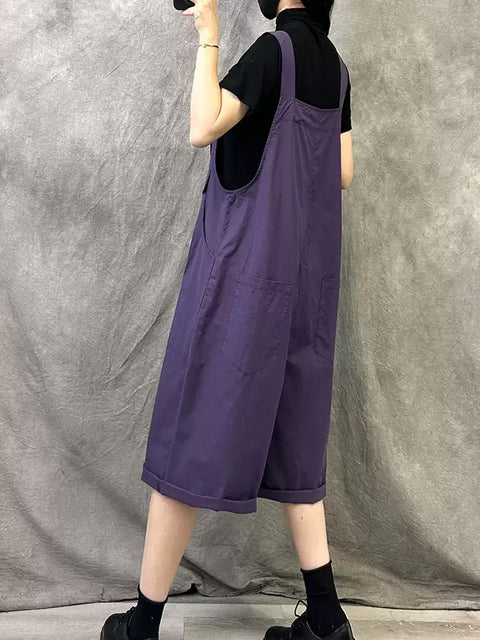 Damen Sommer Casual Reine Farbe Baumwolle Kurze Overalls