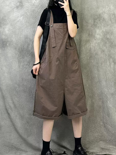 Damen Sommer Casual Reine Farbe Baumwolle Kurze Overalls