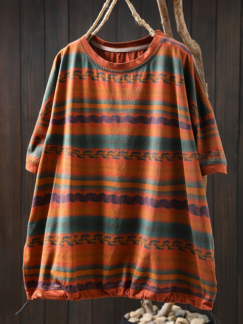 Women Summer Vintage Stripe Cotton O-Neck Shirt