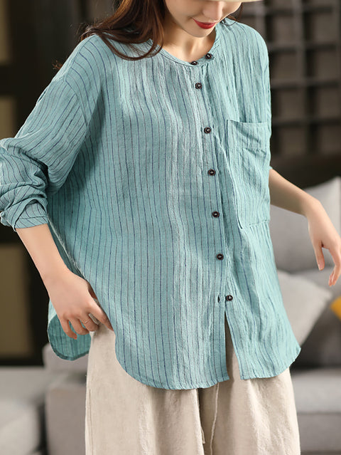 Women Spring Artsy Stripe 100%Linen O-Neck Shirt