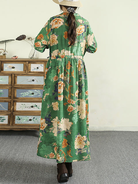 Women Vintage Flower Cotton V-Neck Loose Dress