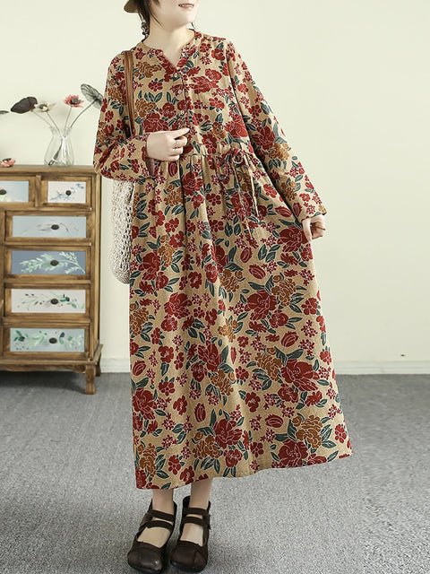 Women Vintage Flower Cotton V-Neck Loose Dress