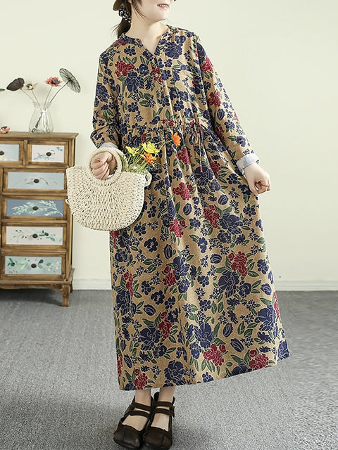 Women Vintage Flower Cotton V-Neck Loose Dress