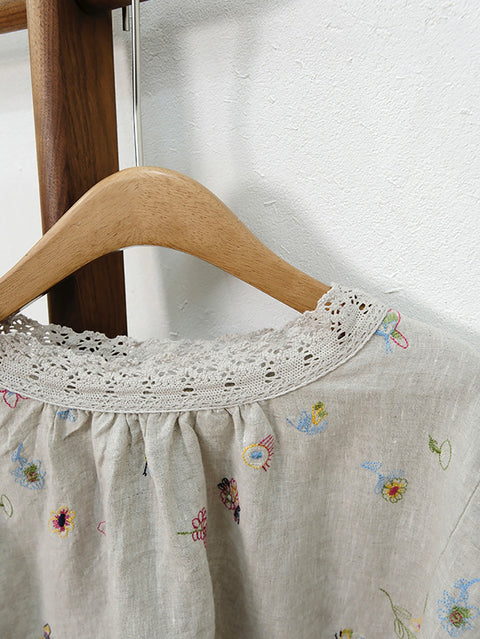 Damen Frühlingsbluse mit Blumenstickerei und Ramie-Spitzenkragen