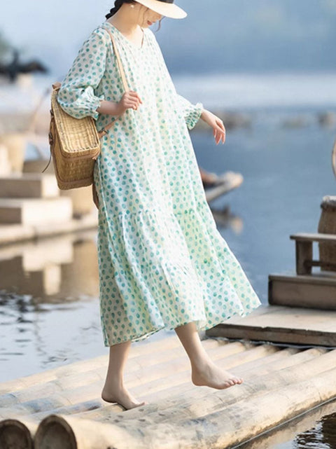 Women Summer Dot V-Neck Linen Loose Dress