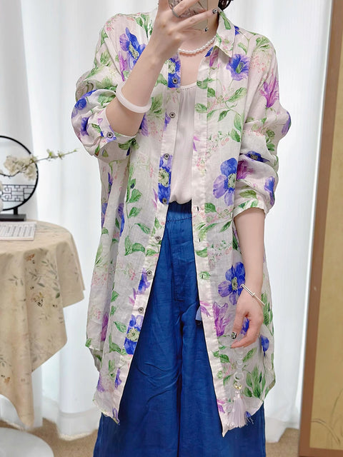 Women Spring Artsy Flower Button-up 100%Ramie Shirt