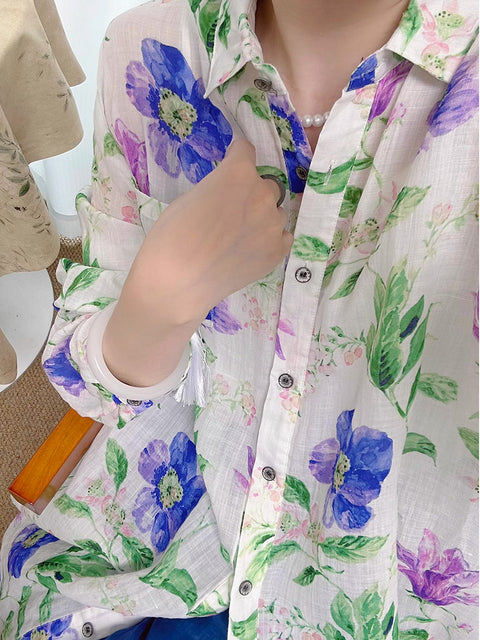 Damen Frühling Artsy Flower Button-up 100% Ramie Shirt