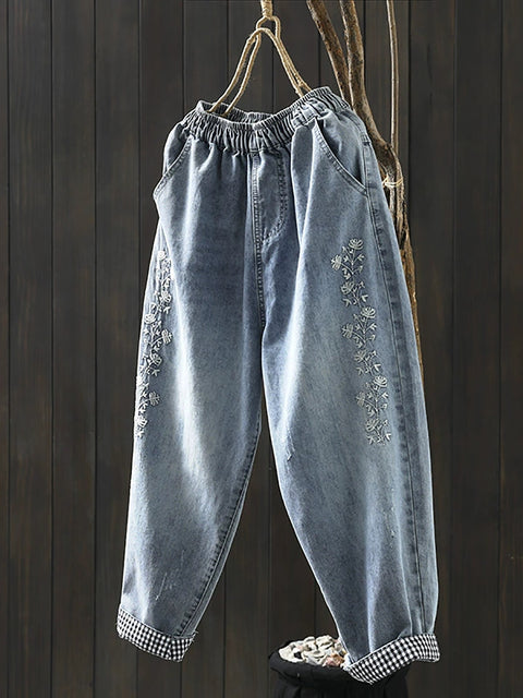 Damen Frühling Retro Blumenstickerei Denim Haremshose