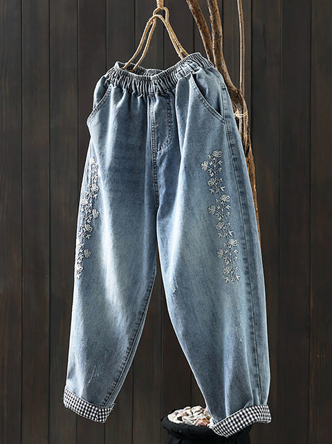 Damen Frühling Retro Blumenstickerei Denim Haremshose