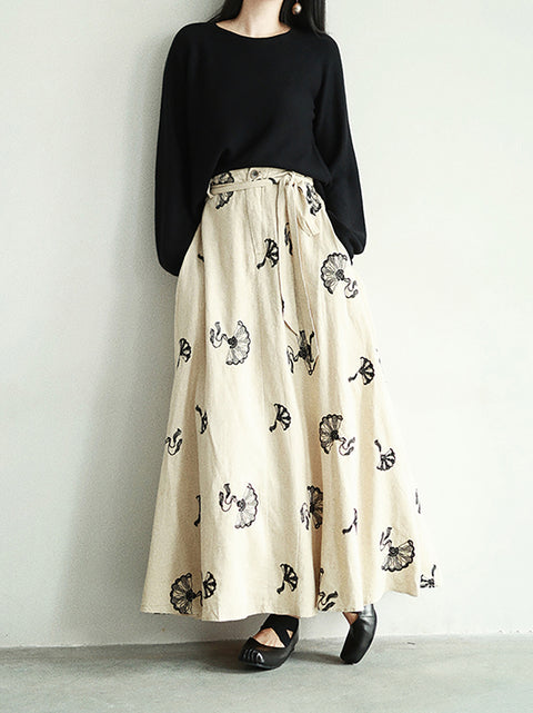 Women Summer Artsy Flower Embroidery Linen Skirt