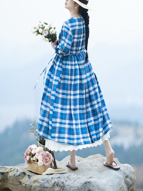 Damen Frühlingskleid mit Rundhalsausschnitt und Karomuster, 100 % Leinen, lockeres Kleid