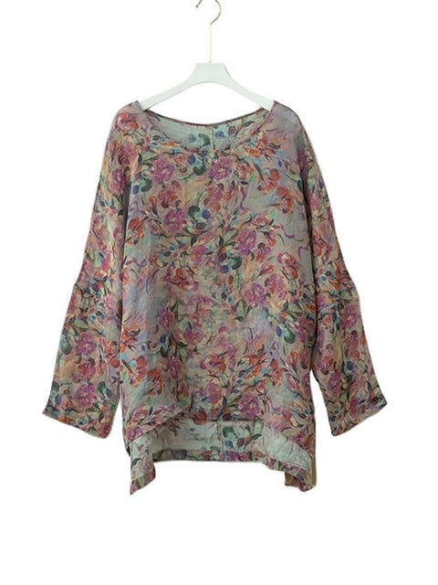 Damen Frühling Artsy O-Ausschnitt Blume Ramie Shirt