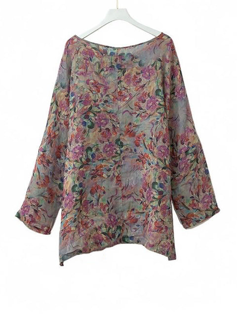 Damen Frühling Artsy O-Ausschnitt Blume Ramie Shirt