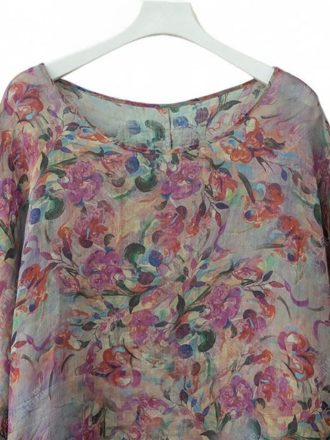 Damen Frühling Artsy O-Ausschnitt Blume Ramie Shirt