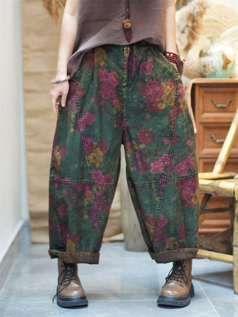 Women Spring Retro Flower Cotton Harem Pants