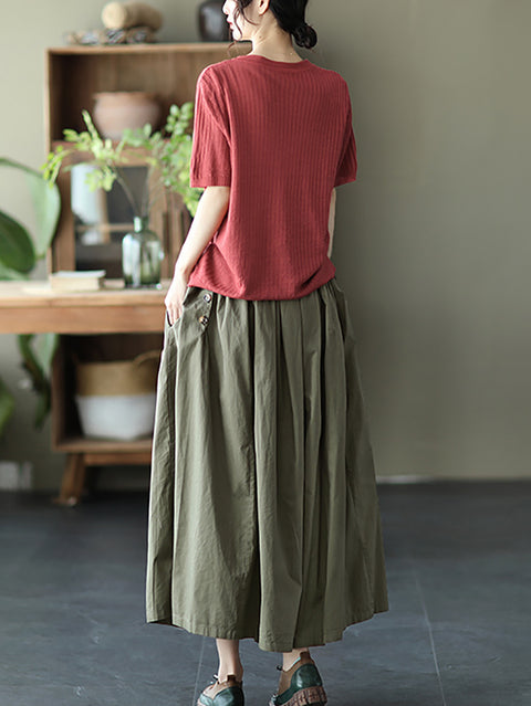 Women Summer Solid Pleat Button Pocket Wide-leg Pants