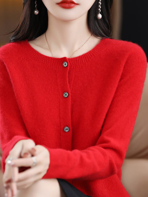 Women Autumn Wool O-Neck Cardigan Knit Sweater