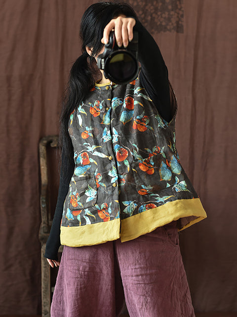 Women Ethnic Flower Print Spliced Warm Vest Coat