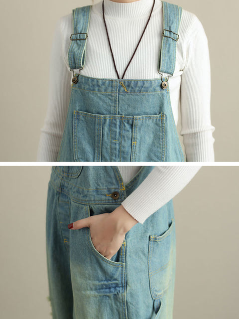 Frauen Sommer Retro Ausgefranste Tasche High-Waist Denim Overalls