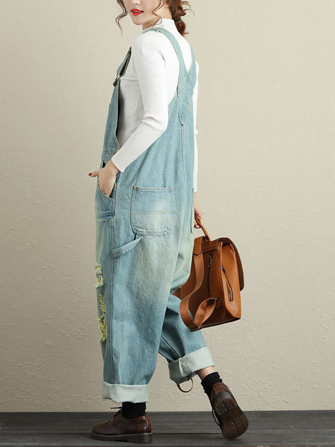 Frauen Sommer Retro Ausgefranste Tasche High-Waist Denim Overalls