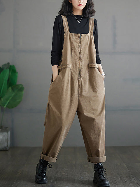 Frauen Herbst Vintage Reißverschluss Beiläufige Lose Feste Overalls