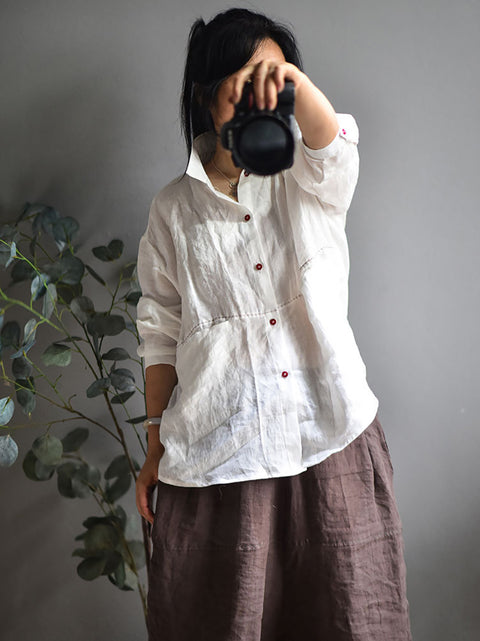 Women Casual Solid Spring Stitching Linen Shirt