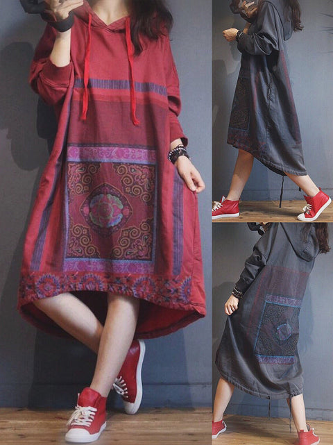 Women Ethnic Autumn Flower Hooded Cotton Dress