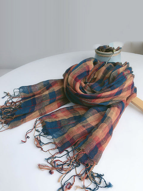 Women Summer Plaid Linen Tassel Shawl Scarf