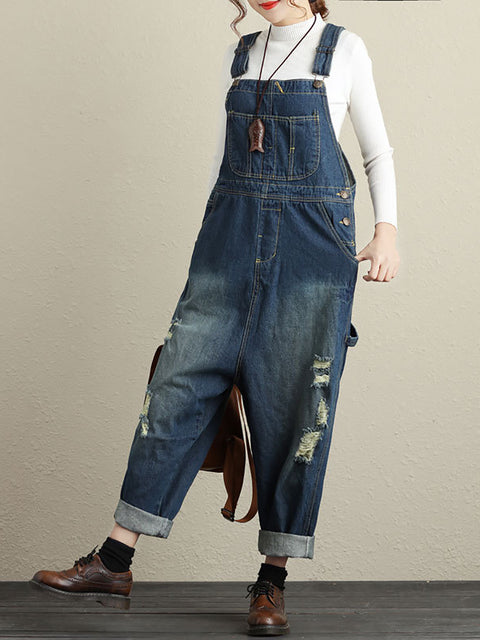 Frauen Sommer Retro Ausgefranste Tasche High-Waist Denim Overalls