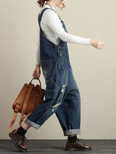 Frauen Sommer Retro Ausgefranste Tasche High-Waist Denim Overalls