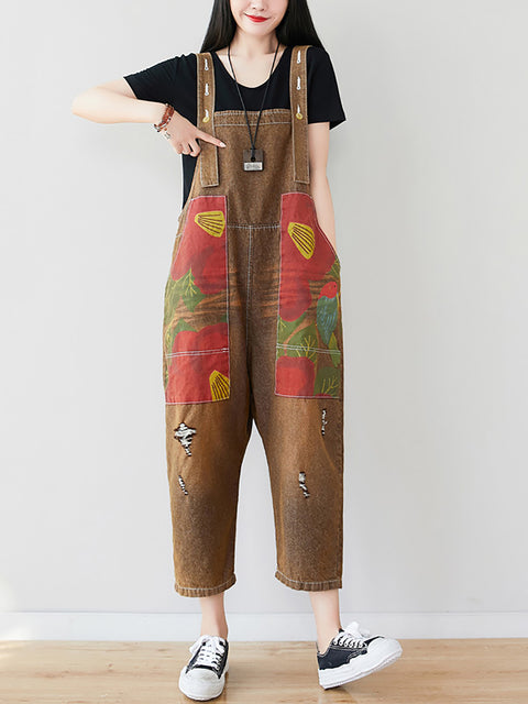 Damen Sommer-Jumpsuits aus Denim mit künstlerischem Blumen-Patch und gespleißten Taschen