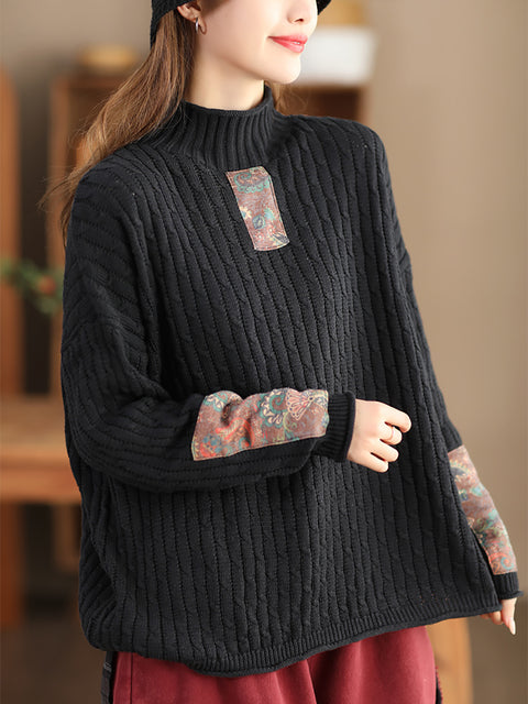 Gestrickter Rollkragenpullover mit Retro-Patch für Damen