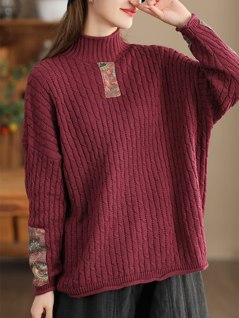 Gestrickter Rollkragenpullover mit Retro-Patch für Damen