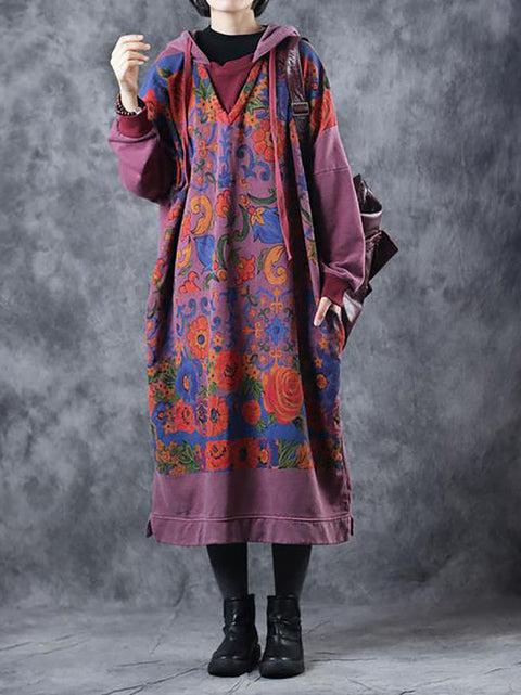 Women Artsy Flower Spring Hooded Cotton Dress