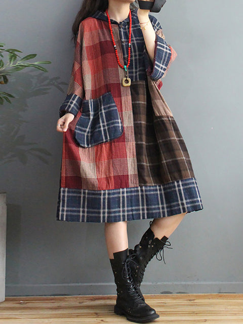 Plus Size Retro Plaid Big Pocket Hooded Dress