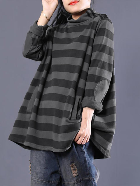 Plus Size Women Casual Stripe Turtleneck Sweatshirt