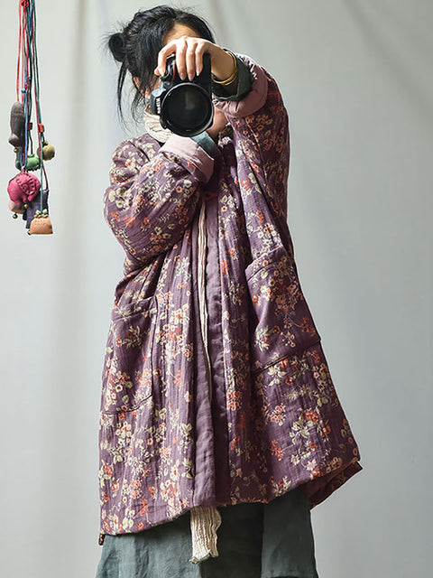 Plus Size - Retro Loose Warm Floral Pocket Coat