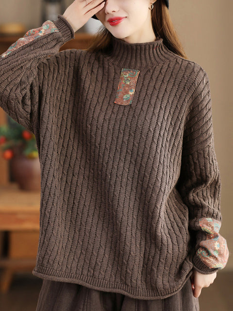 Gestrickter Rollkragenpullover mit Retro-Patch für Damen